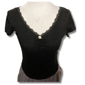 NOBO Black short-sleeve lace trimmed v-neck top ~ Goth XS SMALL stretchy shirt